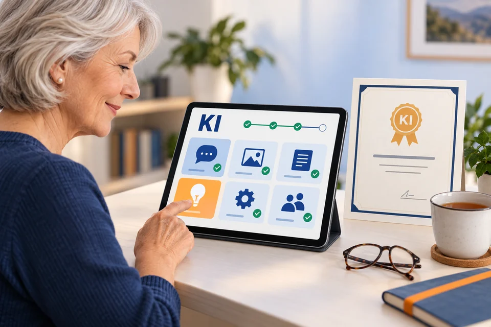 Seniorin nutzt den übersichtlichen KI-Kurs am Tablet; daneben steht die Urkunde